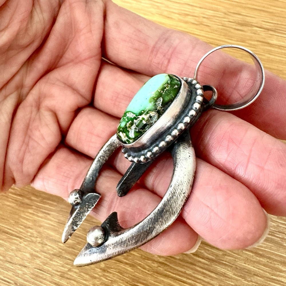 Navajo Naja Pendant Turquoise Signed Chimney Butte 2.75in Squash Blossom Matte - Picture 3 of 6
